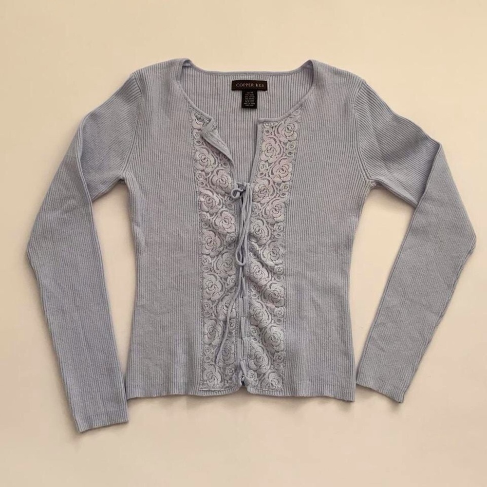 Vintage Baby blue long sleeve top with lace up detail Copper key size medium